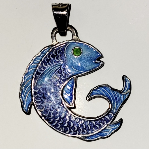 Fish Pendant, Silver with Blue Enamel Inlay, Unusual Design, New - Picture 2 of 5